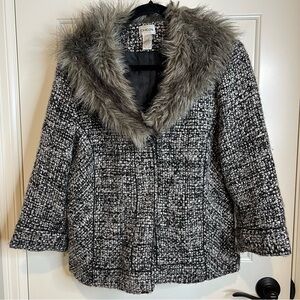 Chico’s Faux Fur Collar Tweed Jacket Large Textured Coat
